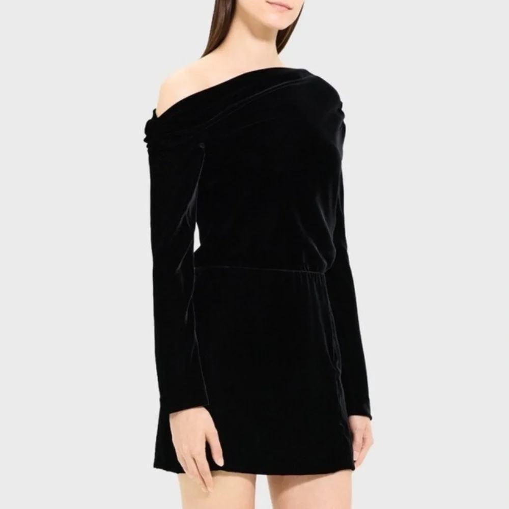 New Theory Asymmetrical Mini Dress in Stretch Velvet Black Off Shoulder Drape 8